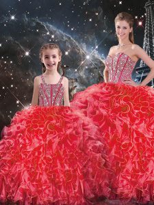 Sleeveless Organza Floor Length Lace Up 15 Quinceanera Dress in Coral Red with Beading and Ruffles