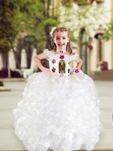 Cap Sleeves Organza and Taffeta Floor Length Lace Up Child Pageant Dress in White with Beading and Appliques and Ruffles