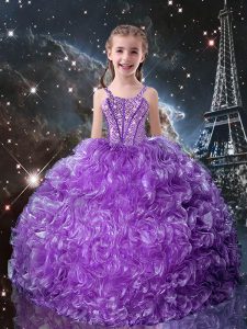 Amazing Eggplant Purple Straps Lace Up Beading and Ruffles Little Girl Pageant Dress Sleeveless