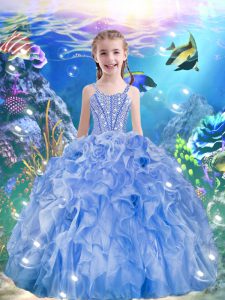 Luxurious Light Blue Lace Up Little Girls Pageant Dress Wholesale Beading and Ruffles Sleeveless Floor Length