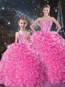 Rose Pink Organza Lace Up Sweetheart Sleeveless Floor Length Sweet 16 Dress Beading and Ruffles