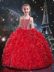 Straps Sleeveless Little Girl Pageant Dress Floor Length Beading and Ruffles Coral Red Organza