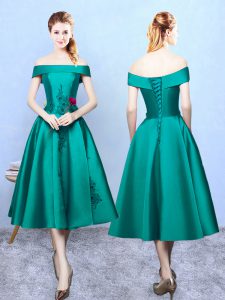 Colorful Dark Green A-line Appliques Quinceanera Court Dresses Lace Up Taffeta Sleeveless Tea Length