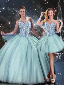 Sweetheart Sleeveless Quince Ball Gowns Floor Length Beading Light Blue Tulle