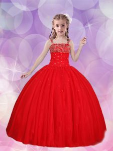 Perfect Red Straps Neckline Beading Little Girls Pageant Gowns Sleeveless Lace Up