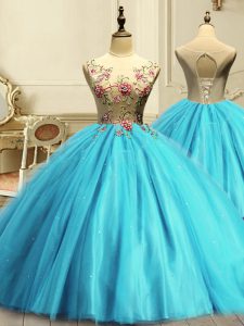 Classical Sleeveless Lace Up Floor Length Appliques and Sequins Vestidos de Quinceanera