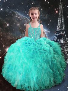 Turquoise Organza Lace Up Straps Sleeveless Floor Length Child Pageant Dress Beading and Ruffles