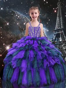 Eggplant Purple Tulle Lace Up Straps Sleeveless Floor Length Kids Pageant Dress Beading and Ruffles