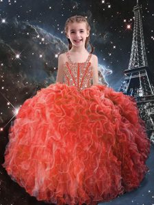 Coral Red Organza Lace Up Straps Sleeveless Floor Length Little Girls Pageant Dress Beading and Ruffles