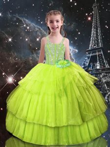 Yellow Green Tulle Lace Up Pageant Gowns For Girls Sleeveless Floor Length Beading and Ruffled Layers