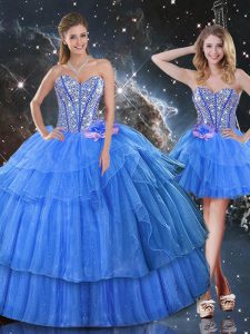 Smart Baby Blue Sweet 16 Dress Military Ball and Sweet 16 and Quinceanera with Ruffled Layers and Sequins Sweetheart Sleeveless Lace Up