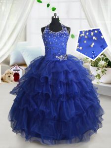 Halter Top Sleeveless Little Girls Pageant Dress Floor Length Beading and Ruffled Layers Royal Blue Organza