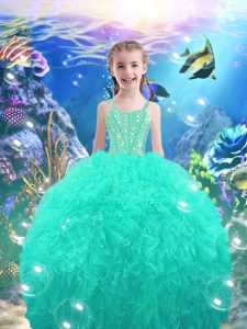 Straps Sleeveless Little Girl Pageant Dress Floor Length Beading Turquoise Organza