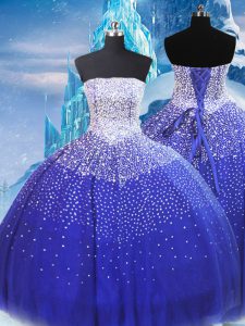 Deluxe Floor Length Blue Quince Ball Gowns Tulle Sleeveless Beading