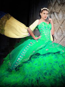 Exceptional Green Organza Lace Up Sweetheart Sleeveless With Train Sweet 16 Dresses Brush Train Embroidery and Ruffles