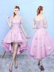 Classical Rose Pink Short Sleeves High Low Lace Lace Up Court Dresses for Sweet 16