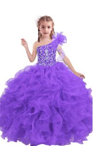 Beading and Ruffles Little Girl Pageant Dress Lilac Lace Up Sleeveless Floor Length