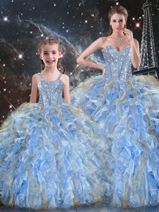 Trendy Light Blue Ball Gowns Organza Sweetheart Sleeveless Beading and Ruffles Floor Length Lace Up Sweet 16 Dresses