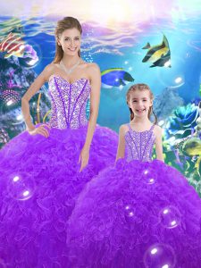 Purple Ball Gowns Beading and Ruffles 15 Quinceanera Dress Lace Up Organza Sleeveless Floor Length