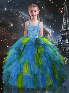 Classical Baby Blue Ball Gowns Tulle Straps Sleeveless Beading and Ruffles Floor Length Lace Up Kids Pageant Dress