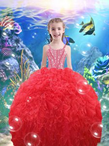 Ball Gowns Pageant Gowns For Girls Coral Red Straps Organza Sleeveless Floor Length Lace Up