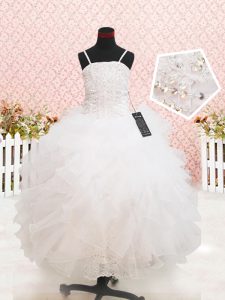 Exquisite Sleeveless Floor Length Beading and Lace and Ruffles Zipper Little Girl Pageant Gowns with White