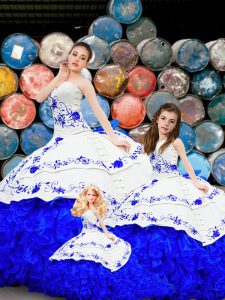 Best Selling Royal Blue Ball Gowns Strapless Sleeveless Organza Brush Train Lace Up Embroidery and Ruffles Quince Ball Gowns