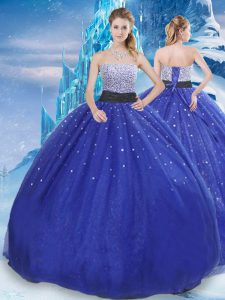 Strapless Sleeveless Quince Ball Gowns Floor Length Beading and Sequins Royal Blue Tulle