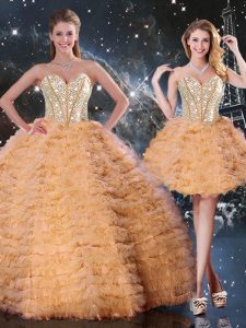 Orange Organza Lace Up Sweet 16 Dresses Sleeveless Floor Length Beading and Ruffled Layers