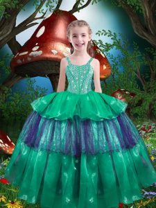 Most Popular Sleeveless Floor Length Beading and Ruffled Layers Lace Up Little Girl Pageant Dress with Green