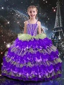 Organza Sleeveless Floor Length Little Girls Pageant Gowns and Beading and Ruffled Layers