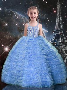 Eye-catching Straps Sleeveless Lace Up Little Girls Pageant Dress Wholesale Baby Blue Tulle