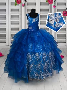 Scoop Royal Blue Organza and Lace Lace Up Girls Pageant Dresses Sleeveless Floor Length Beading and Lace and Ruffled Layers