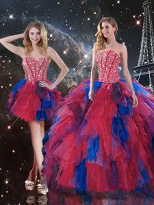 Three Pieces Quinceanera Dress Multi-color Sweetheart Tulle Sleeveless Floor Length Lace Up