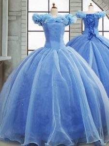 Sleeveless Organza Brush Train Lace Up Sweet 16 Dress in Light Blue with Pick Ups