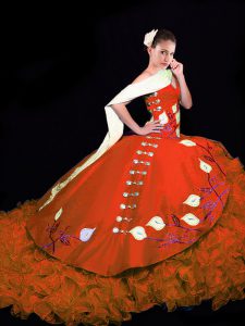 Sleeveless Taffeta Brush Train Lace Up Quinceanera Gowns in Rust Red with Embroidery and Ruffles