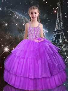 Lovely Lilac Sleeveless Organza Lace Up Little Girls Pageant Gowns for Quinceanera and Wedding Party