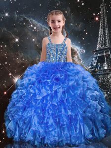 Straps Sleeveless Lace Up Kids Pageant Dress Blue Organza