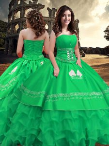 Floor Length Green Quince Ball Gowns Taffeta Sleeveless Embroidery and Ruffled Layers