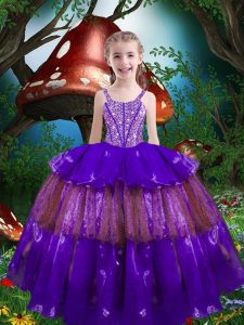 Adorable Floor Length Lace Up Little Girls Pageant Gowns Purple for Quinceanera and Wedding Party with Beading and Ruffled Layers