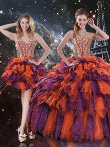 Lovely Multi-color Ball Gowns Sweetheart Sleeveless Organza Floor Length Lace Up Beading and Ruffles and Ruffled Layers Sweet 16 Quinceanera Dress