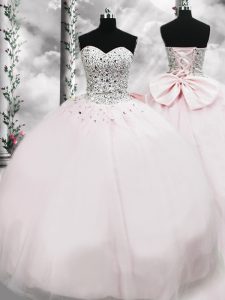 New Arrival Pink Lace Up Sweetheart Beading and Bowknot Quinceanera Gowns Tulle Sleeveless Brush Train