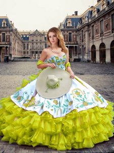 Yellow Green Ball Gowns Embroidery and Ruffled Layers Quinceanera Gown Lace Up Organza and Taffeta Sleeveless Floor Length