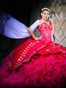 Hot Pink Ball Gowns Sweetheart Sleeveless Organza Brush Train Lace Up Embroidery and Ruffles Quinceanera Dresses