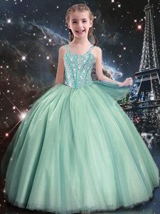 Elegant Sleeveless Tulle Floor Length Lace Up Little Girls Pageant Dress Wholesale in Turquoise with Beading