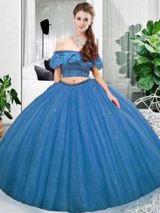 Shining Blue Sleeveless Floor Length Lace Lace Up Vestidos de Quinceanera