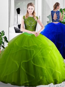 Sweet Sleeveless Floor Length Lace and Ruffles Zipper Quinceanera Dress with Olive Green