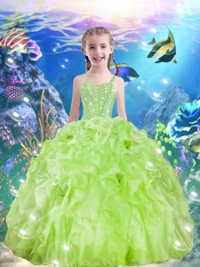 Dazzling Yellow Green Organza Lace Up Little Girls Pageant Dress Sleeveless Floor Length Beading and Ruffles