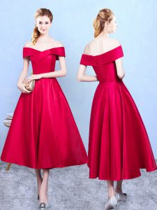 Lovely Wine Red Taffeta Lace Up Damas Dress Sleeveless Tea Length Appliques