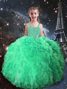 Modern Sleeveless Floor Length Beading and Ruffles Lace Up Kids Formal Wear with Apple Green